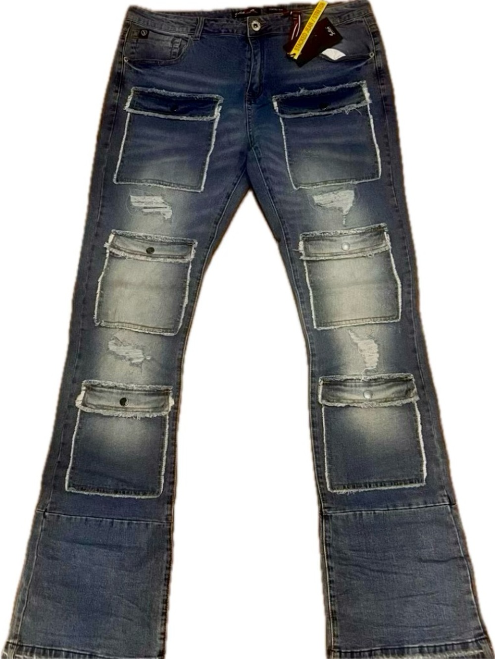 Men's Dark Blue Distressed Patchwork Jeans